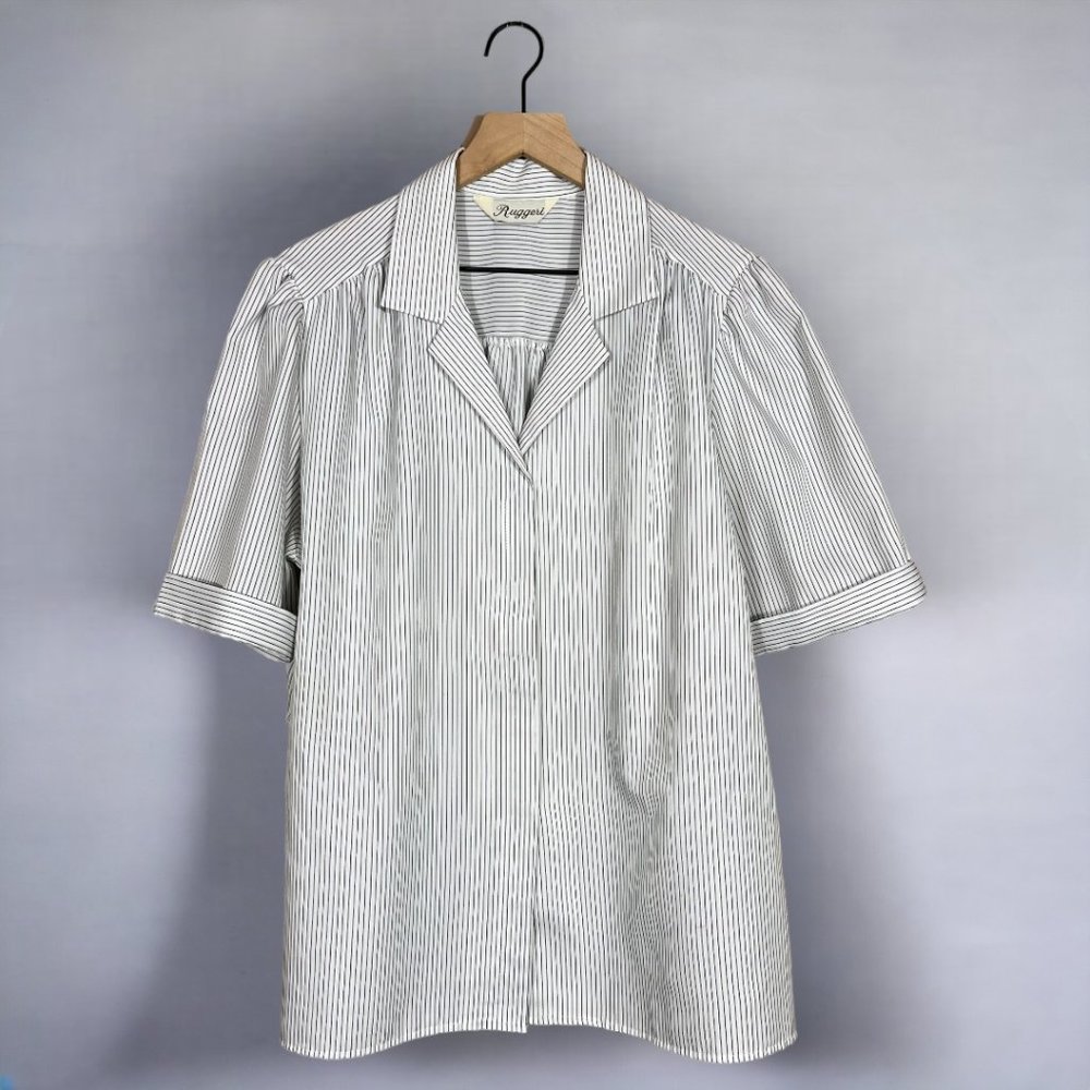 Ruggeri Vintage Black & White Stripe Short Sleeve Collared Button Up Blouse